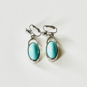 90s Y2K Elegant Silver Tone Pierced Clip-on Dangle with Turquoise Blue Drop